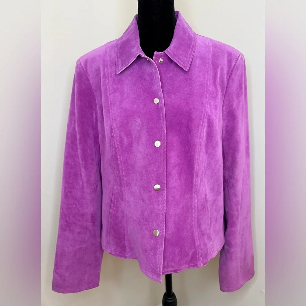 Vintage Anne Klein pink purple suede moto jacket snap close collar pockets 14 EC - Picture 2 of 10